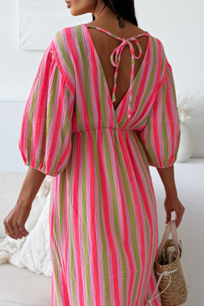 Casual Vacation Stripe Patchwork V Neck Long Dresses
