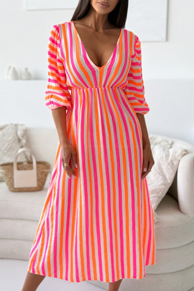 Casual Vacation Stripe Patchwork V Neck Long Dresses