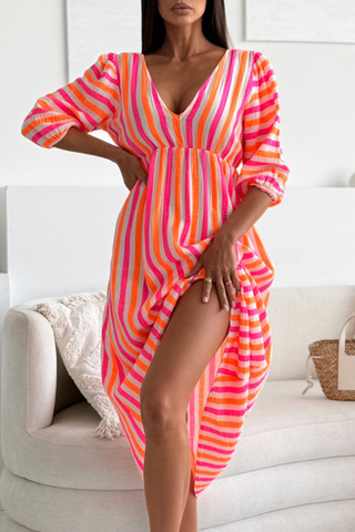 Casual Vacation Stripe Patchwork V Neck Long Dresses