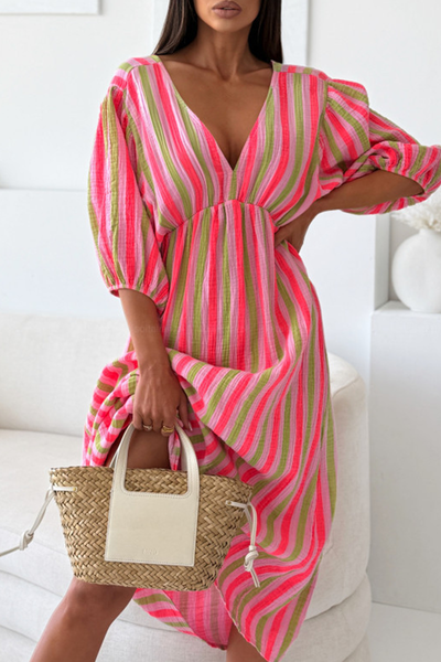 Casual Vacation Stripe Patchwork V Neck Long Dresses