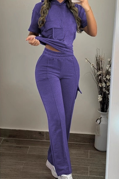 Casual Solid Color Pocket Hooded Short Sleeve Two Pieces