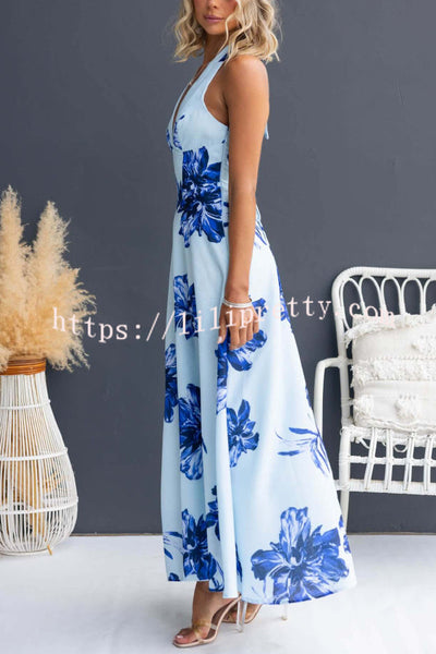 Floral Print V-neck Backless Tie-up Fitted Waist Elegant Maxi Dress
