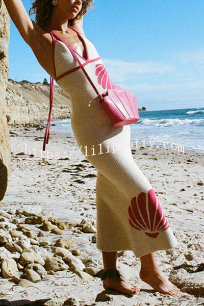 Mermaid Princess Knit Shell Pattern Fishtail Hem Halter Stretch Midi Dress