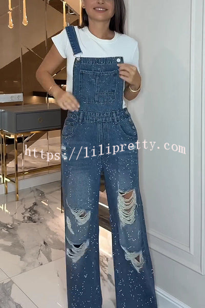 Fashionable Hot Diamond Casual Pocket Ripped Denim Overalls