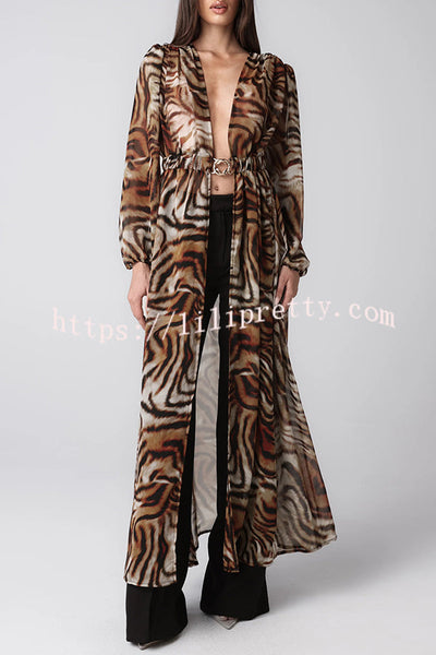 Adrenia Leopard Print Long Sleeve Metal Buckle Elastic Waist Cover-up Midi Coat