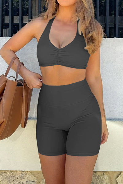 Fashionable Sports Yoga Style Halterneck Top and Stretch Slim Shorts Set