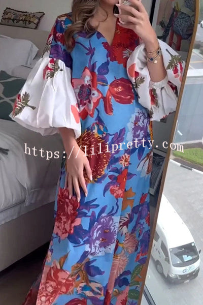 Jaylah Linen Blend Unique Print Contrast Color Puff Sleeve Maxi Dress