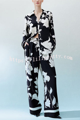 Unique Print Lapel Long Sleeve Loose Shirt and Elastic Waist Casual Pocket Wide Leg Pants Set