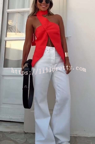 Rima Linen Blend Asymmetric Halter Neck Button Smocked Vest