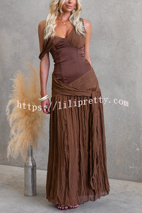 Zariyah Satin Bodice Asymmetric Neck Tie-up Waist Chiffon Hem Maxi Dress