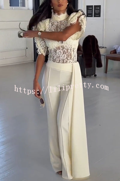 Alizah Floral Lace High Neck Ruffle Sleeve Top and Elastic Waist Drape Hem Flare Pants Set