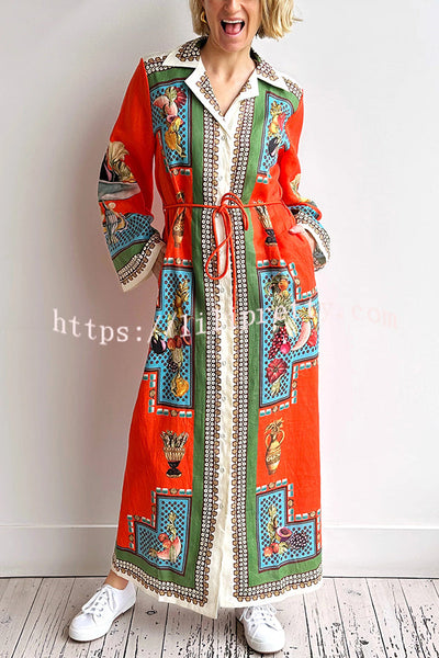 Linen Blend Unique Print Tie-waist Casual Maxi Dress