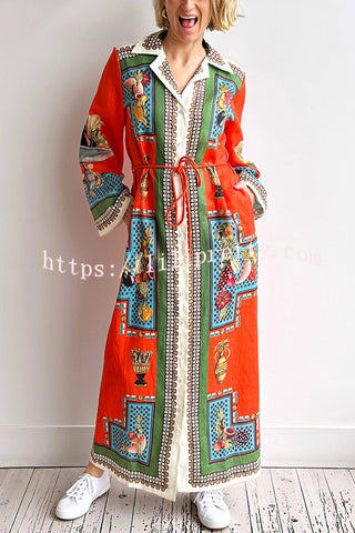 Linen Blend Unique Print Tie-waist Casual Maxi Dress