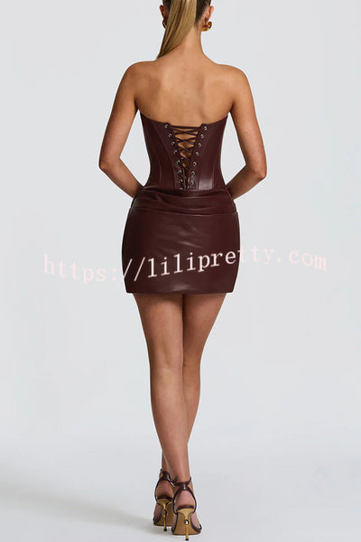 Palmer Faux Leather Pleated Off Shoulder Neck Slit Stretch Mini Dress