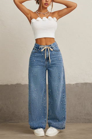 Fashion Rhinestone Embellished High Waist Tie Casual Pocket Wide Leg Jeans