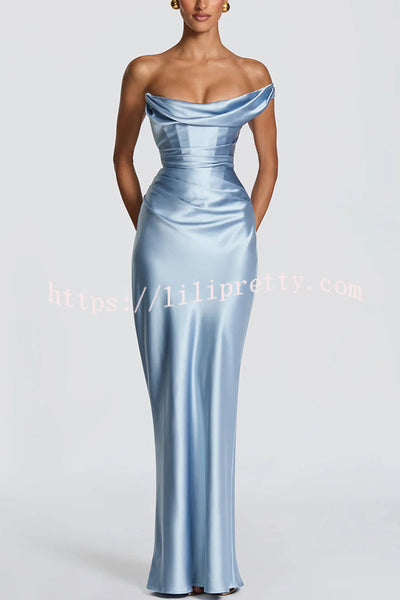 Thalassa Satin One Shoulder Scooped Neck Bias Cut Pleated Maxi Dress