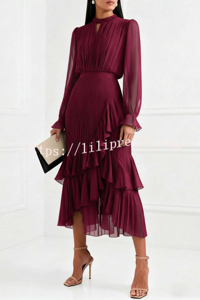 Solid Color Round Neck Long Sleeve Fitted Waist Pleated Ruffle Midi Dress