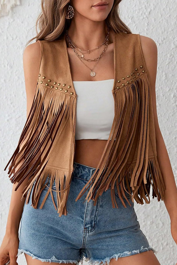 Stylish Suede V-neck Sleeveless Casual Studded Tassel Vest