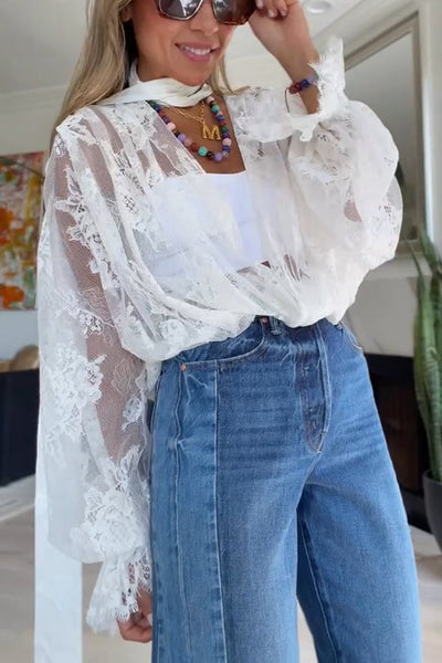 Classical Charm Sheer Lace Bow Neck Balloon Sleeve Drape Stretch Bodysuit