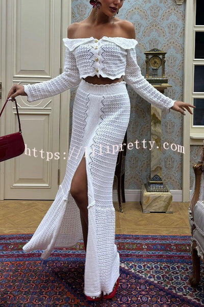 Fashion Knitted Off-the-shoulder Long-sleeved Top and Elastic Slit Maxi Skirt Set
