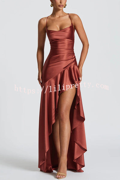 Solid Color Sexy Backless Lace-up Irregular Ruffled Maxi Dress