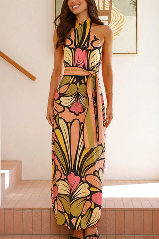 Unique Print Halter Neck Waist Tie Holiday Maxi Dress