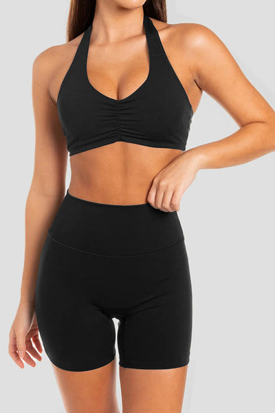 Fashionable Sports Yoga Style Halterneck Top and Stretch Slim Shorts Set