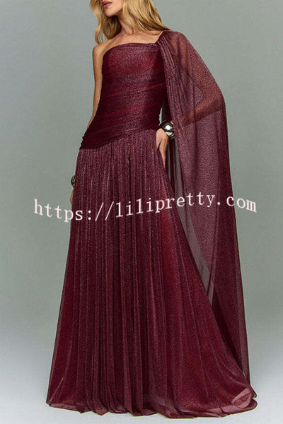 Maison Lurex Shimmer Ethereal One-Shoulder Draped Maxi Dress