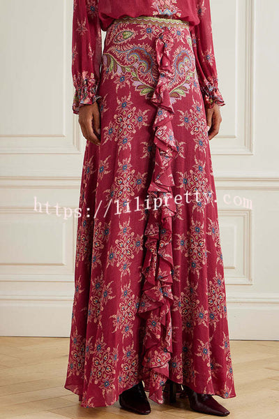 Unique Printed Chiffon Long-sleeved Loose Shirt and Elegant Ruffled Maxi Skirt Set