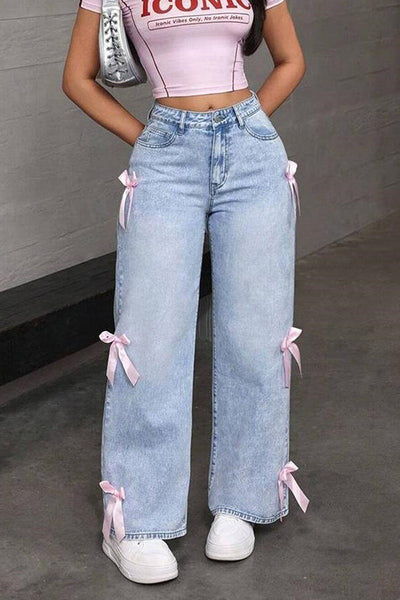 Fashion Bow Embellished High-Rise Casual Pocket Straight Jeans