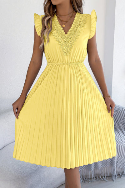 Solid Color V-neck Lace-trimmed Sleeveless Casual Pleated Midi Dress