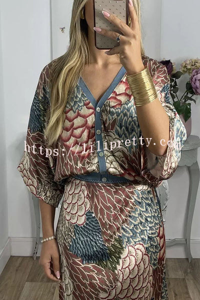 Palm Beach Satin Printed Button Wide Sleeve Shirt and Elastic Waist Maxi Skirt Set