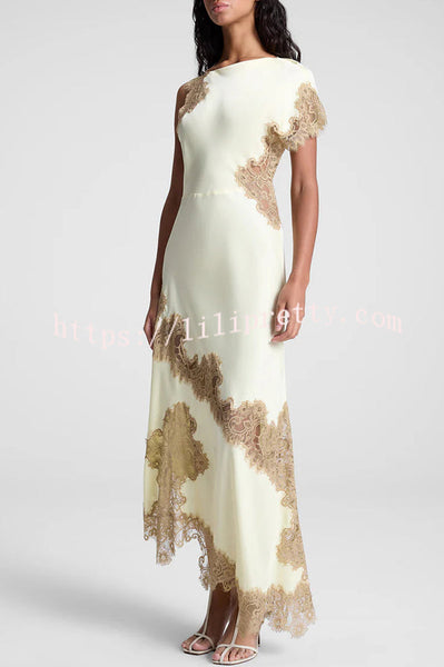 Paris Dream Satin Lace Trim Irregular Design Drape Maxi Dress