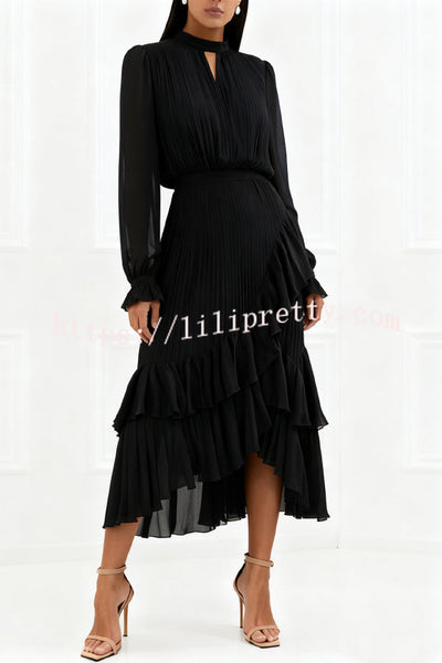 Solid Color Round Neck Long Sleeve Fitted Waist Pleated Ruffle Midi Dress