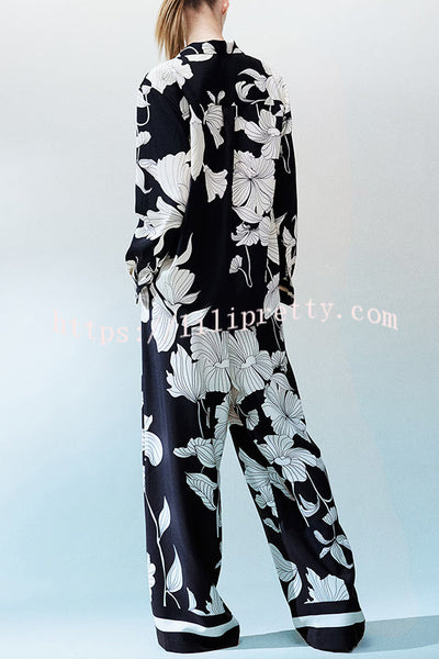 Unique Print Lapel Long Sleeve Loose Shirt and Elastic Waist Casual Pocket Wide Leg Pants Set