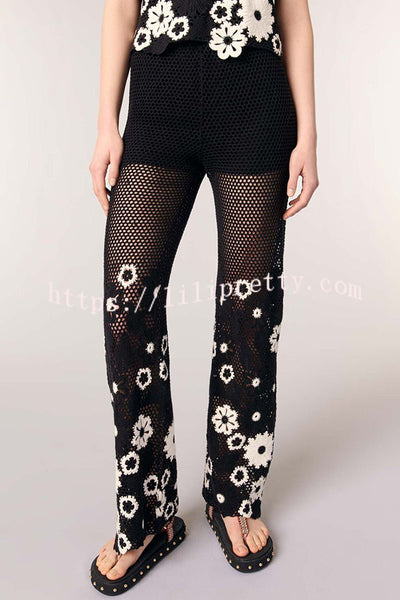 Fashion Embroidered Hollow Hook Elastic Waist Casual Wide-leg Pants