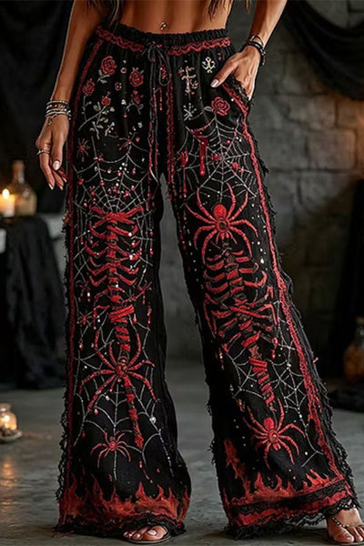 Halloween Dark-themed Printed Wide-Leg Pants