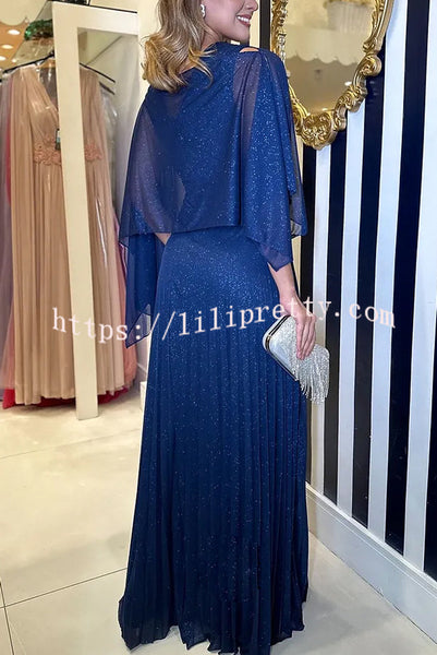 Twinkling Starlight Glitter Fabric Cape Pleated Formal Maxi Dress
