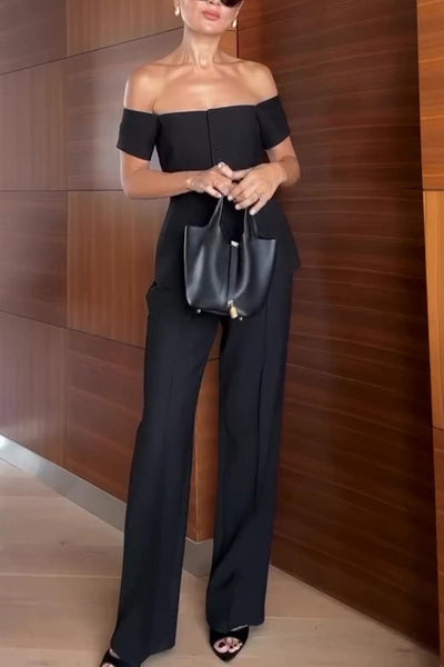 Solid Color Off-the-shoulder Single-breasted Top and Casual Pocket Straight-leg Pants Set