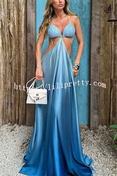 Cleo Sequin Chain Detail Gradient Print Back Tie-up Vacation Maxi Dress