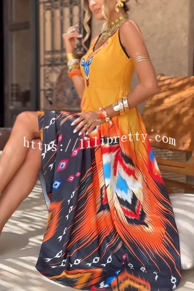 Unique Printed Suspender V-neck Loose Maxi Dress