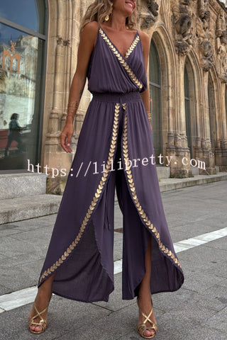 Tamia Gold Trim Elastic Waist Slit Wide Leg Slip Jumpsuit