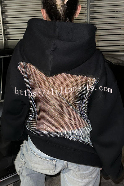 Fashionable Shiny Mesh Hollow Back Loose Long-sleeved Hooded Sweatshirt