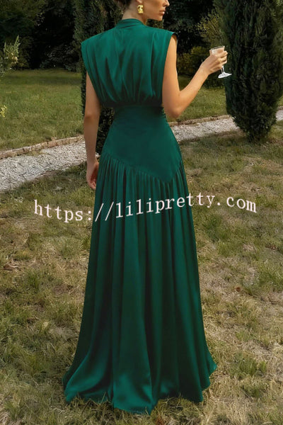 Elegant V-neck Sleeveless Fitted Waist High Slit Vacation Maxi Dress