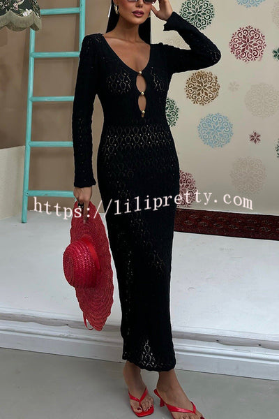 Fashion V-neck Long-sleeved Hollow Slim Maxi Dress