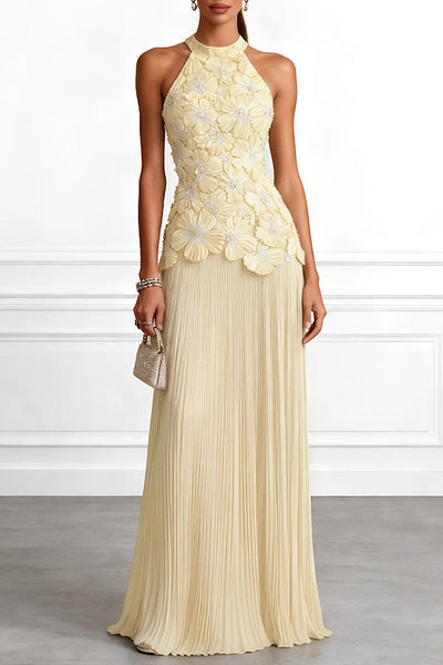 Emilie 3D Floral Embroidery Pleated Chiffon Hem Halter Neck Sleeveless Maxi Dress