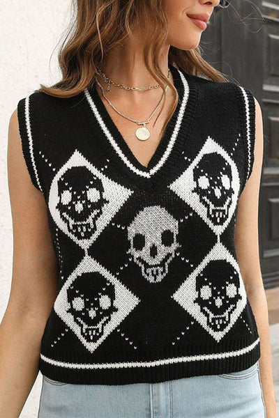 Halloween Skull Argyle Knit Sweater Vest