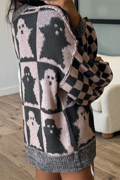 Halloween Ghost & Checkerboard Oversized Knit Sweater