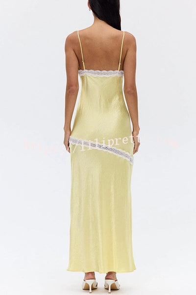 Sweet Trend Satin Lace Trim V-neck Slit Slip Maxi Dress