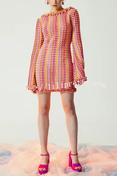 Ruffled Backless Long-sleeved Wavy Striped Beach Resort Mini Dress